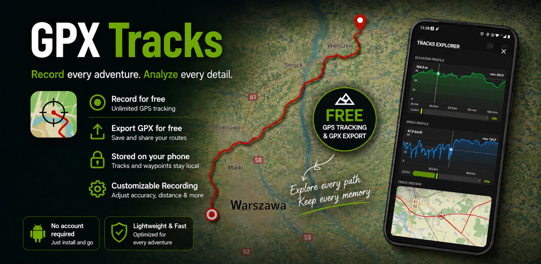 GPX Tracks: GPS recording, GPX export and local track storage