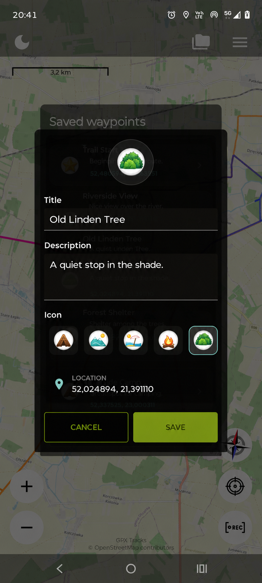 Waypoint editor with Old Linden Tree title and a short description