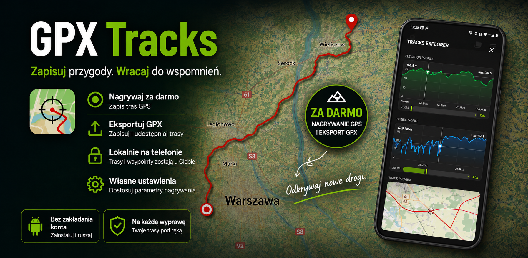 GPX Tracks: nagrywanie GPS, eksport GPX i lokalne przechowywanie tras