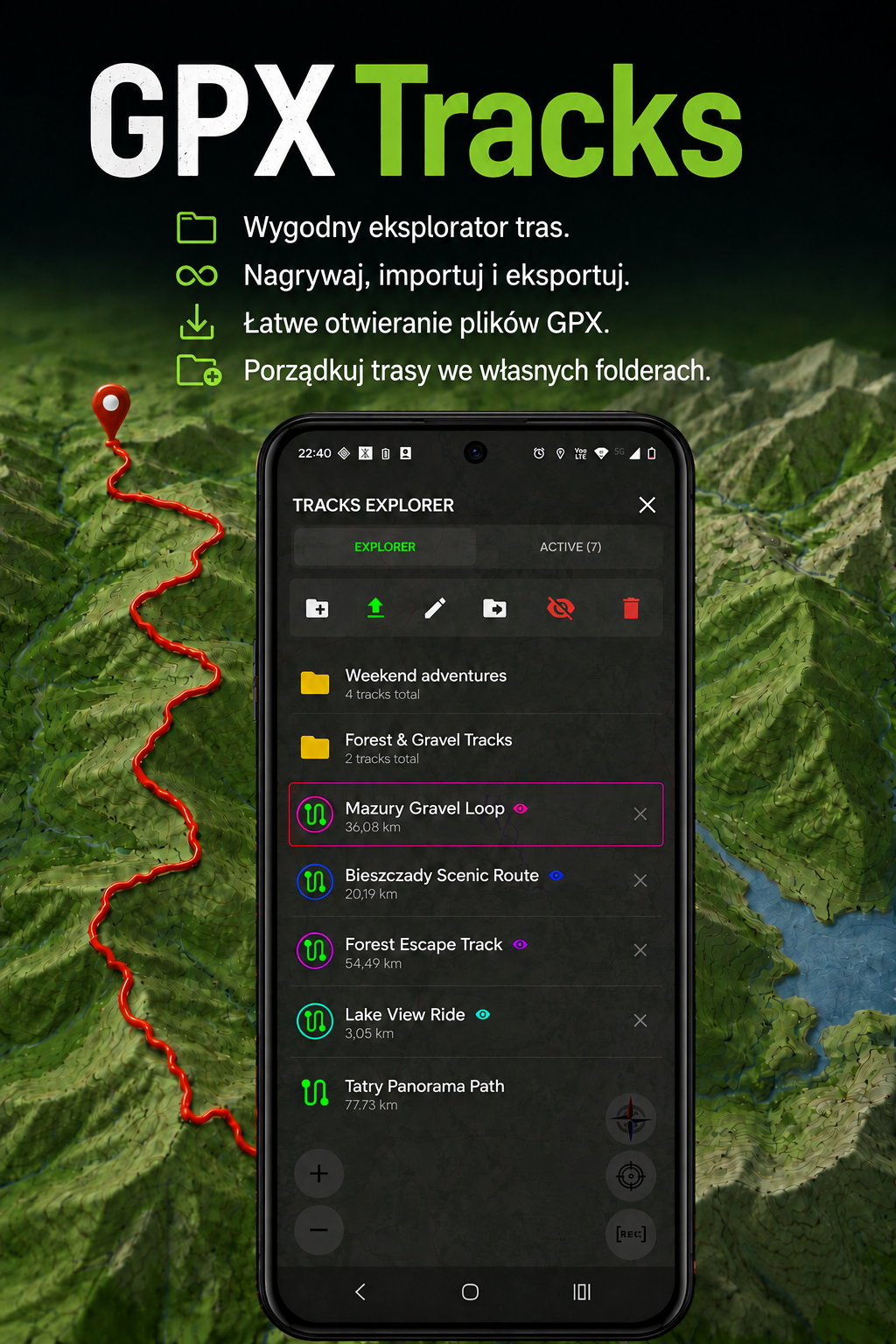 Polska grafika GPX Tracks przedstawiająca eksplorator tras i foldery