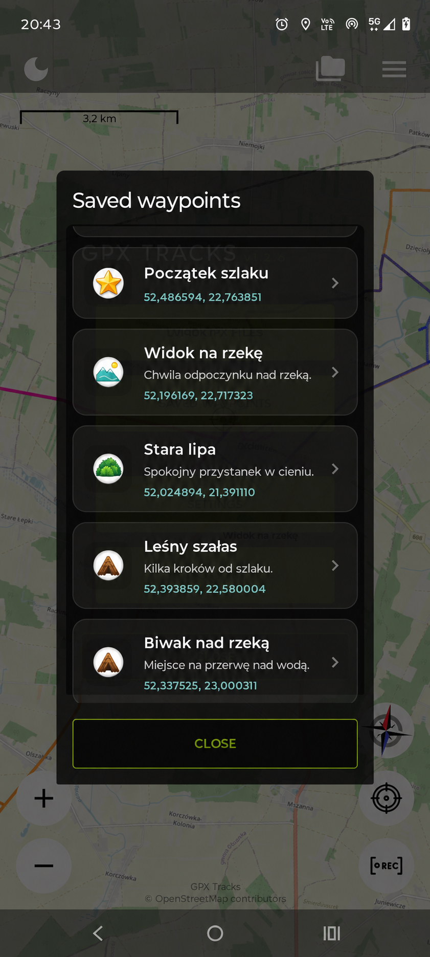 Zapisane waypointy z polskimi przykładowymi nazwami i notatkami